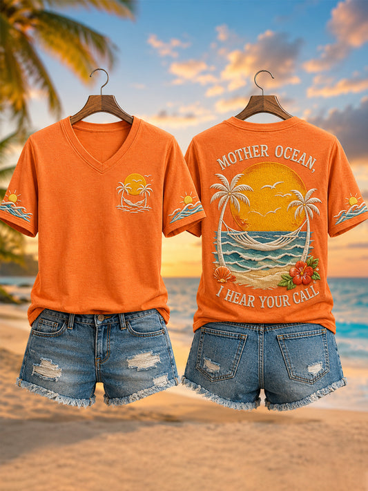 Women's Mother Ocean I Have Heard You Call  Print Casual V-Neck Tee