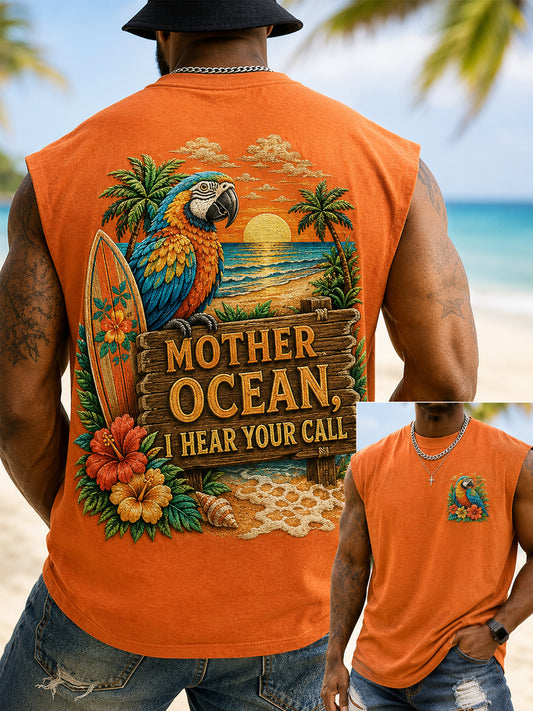 Men's Mother Ocean I Have Heard You Call Parrot Print Casual Tank Top
