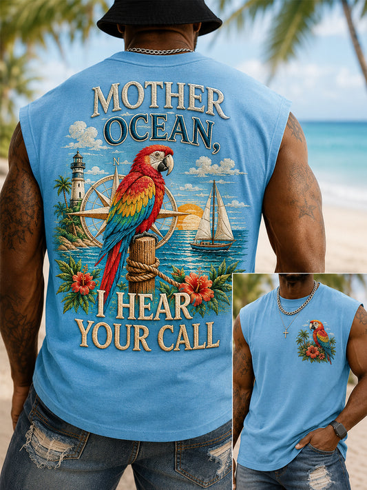 Men's Mother Ocean I Have Heard You Call Parrot Print Casual Tank Top