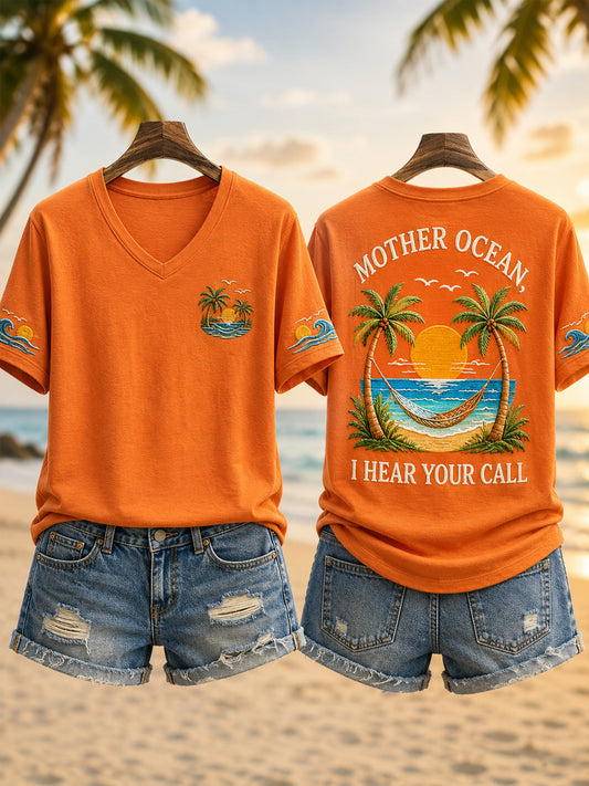 Women's Mother Ocean I Have Heard You Call  Print Casual V-Neck Tee