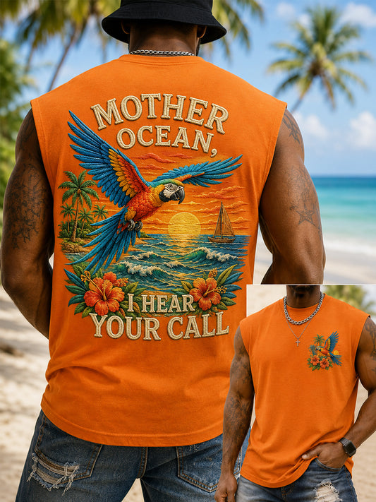 Men's Mother Ocean I Have Heard You Call Parrot Print Casual Tank Top