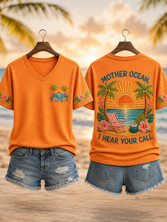 Women's Mother Ocean I Have Heard You Call  Print Casual V-Neck Tee