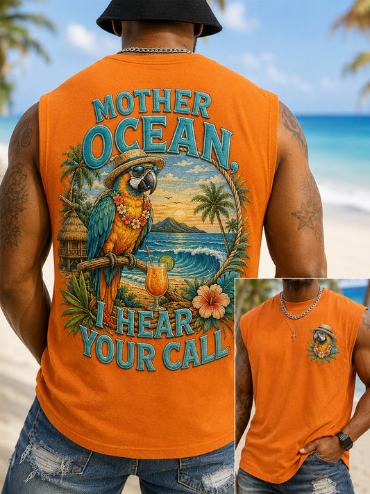 Men's Mother Ocean I Have Heard You Call Parrot Print Casual Tank Top