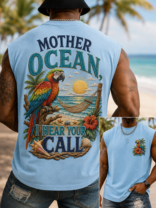 Men's Mother Ocean I Have Heard You Call Parrot Print Casual Tank Top