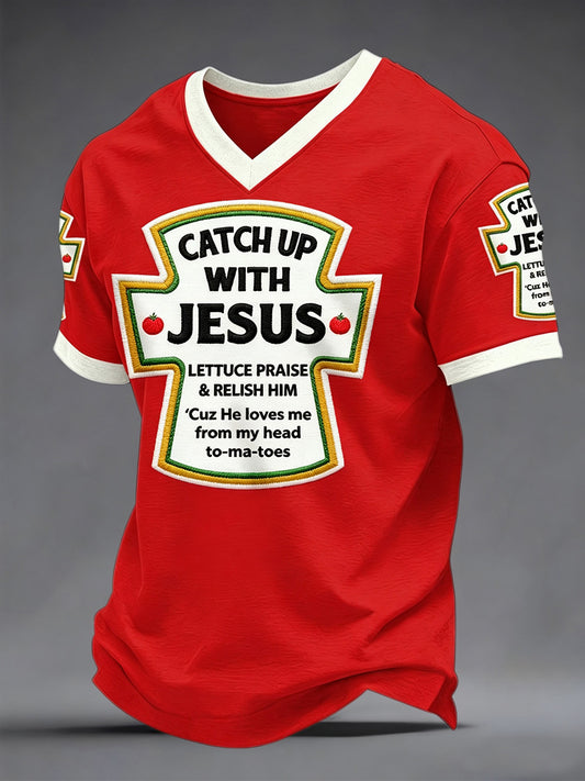 Men's Catch Up With Jesus Print Casual V-Neck Tee