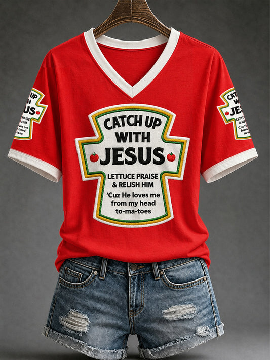 Women's Catch Up With Jesus Print Casual V-Neck Tee