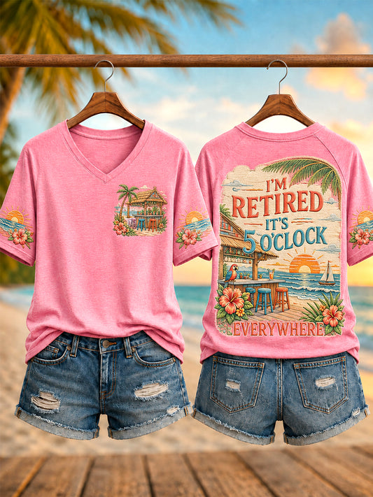 Women's I'm Retired It's 5 O'clock Everywhere Parrot Print Casual V-Neck Tee