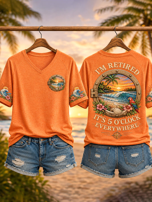 Women's I'm Retired It's 5 O'clock Everywhere Parrot Print Casual V-Neck Tee