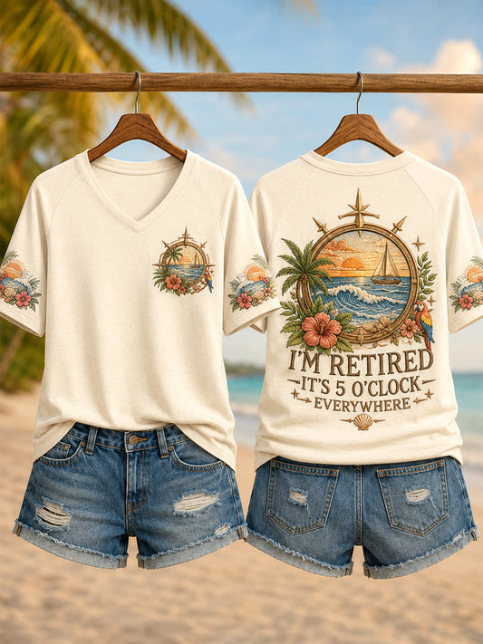 Women's I'm Retired It's 5 O'clock Everywhere Parrot Print Casual V-Neck Tee