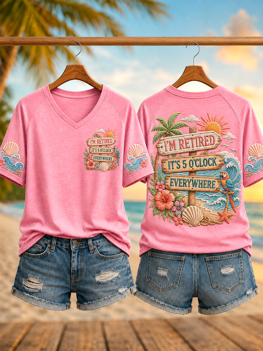 Women's I'm Retired It's 5 O'clock Everywhere Parrot Print Casual V-Neck Tee