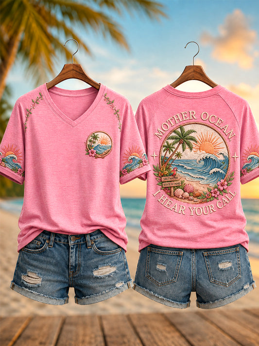 Women's Mother Ocean I Have Heard You Call Print Casual V-Neck Short Sleeve Tee