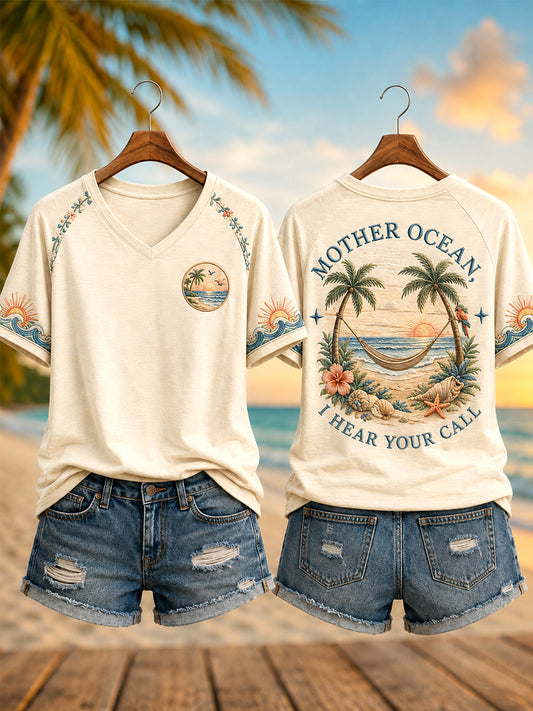 Women's Mother Ocean I Have Heard You Call Print Casual V-Neck Short Sleeve Tee