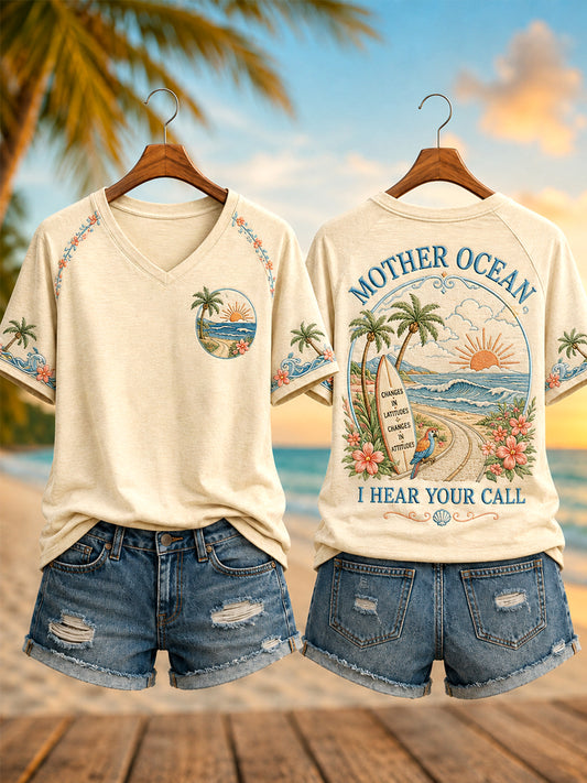 Women's Mother Ocean I Have Heard You Call Print Casual V-Neck Short Sleeve Tee