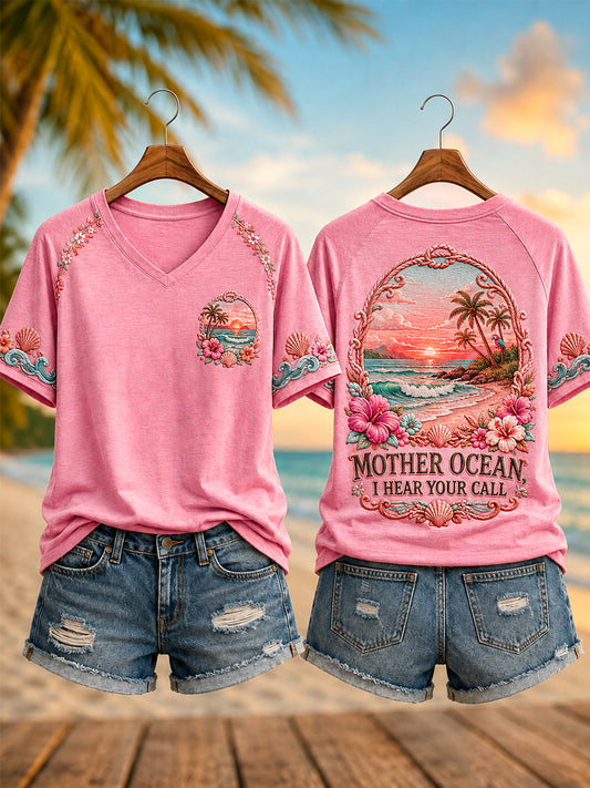 Women's Mother Ocean I Have Heard You Call Print Casual V-Neck Short Sleeve Tee