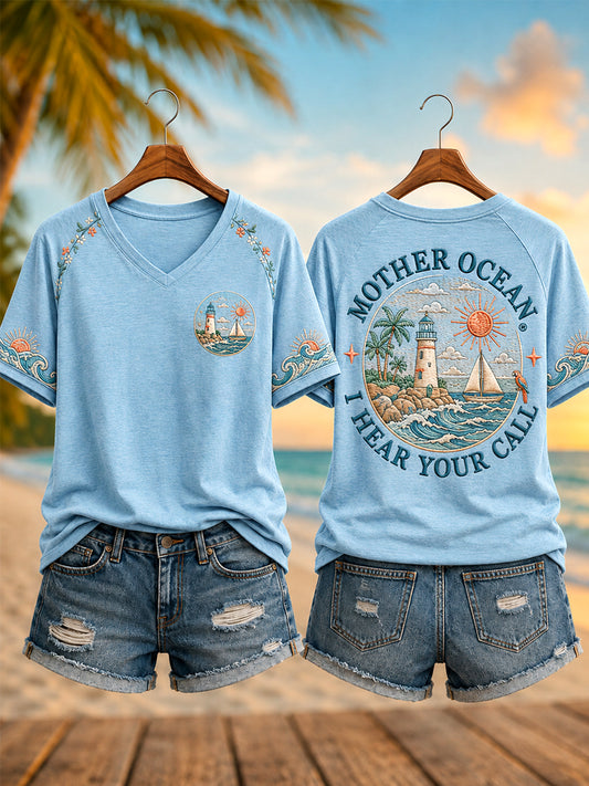 Women's Mother Ocean I Have Heard You Call Print Casual V-Neck Short Sleeve Tee