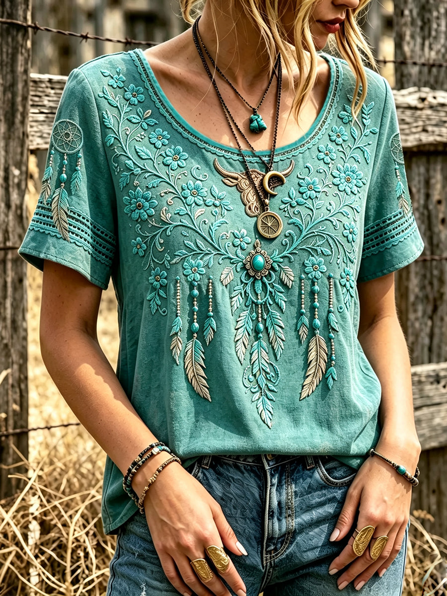 Women's Vintage Western Turquoise Floral Art Print Linen Short-sleeved T-shirt