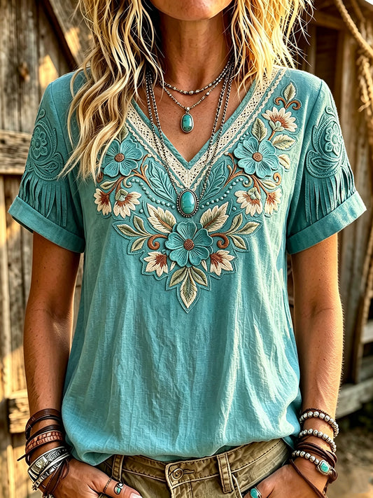 Women's Retro Western Turquoise Floral Art Print Linen Short-sleeved T-shirt