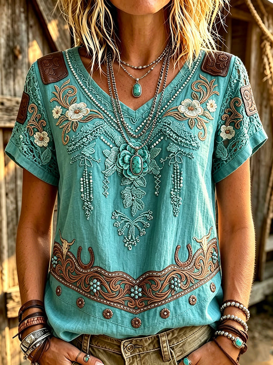 Women's Vintage Western Turquoise Floral Art Print Linen Short-sleeved T-shirt