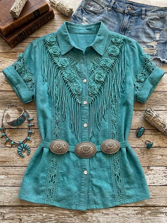 Women's Vintage Western Turquoise Floral Art Print Short Sleeve Shirts
