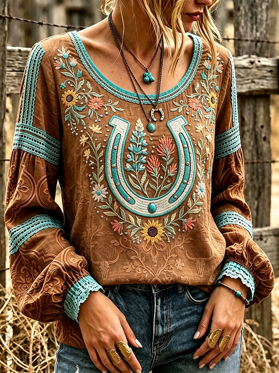 Women's Classy Retro Western Floral Art Print Cotton and Linen Top