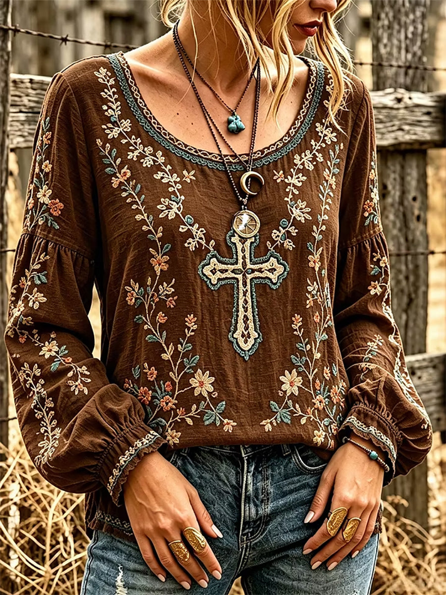 Women's Calssy Western Floral Cross Art Print Cotton and Linen Top