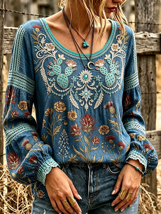 Women's Classy Western Floral Art Print Cotton and Linen Top