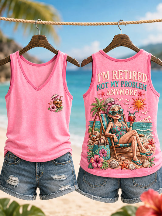 Women's Funny I'm Retired Not My Problem Anymore Skeleton Print Casual Vest