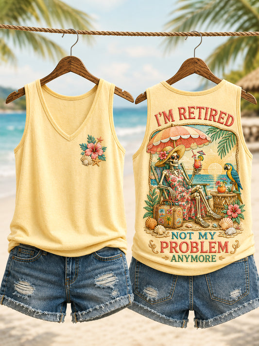 Women's Funny I'm Retired Not My Problem Anymore Skeleton Print Casual Vest