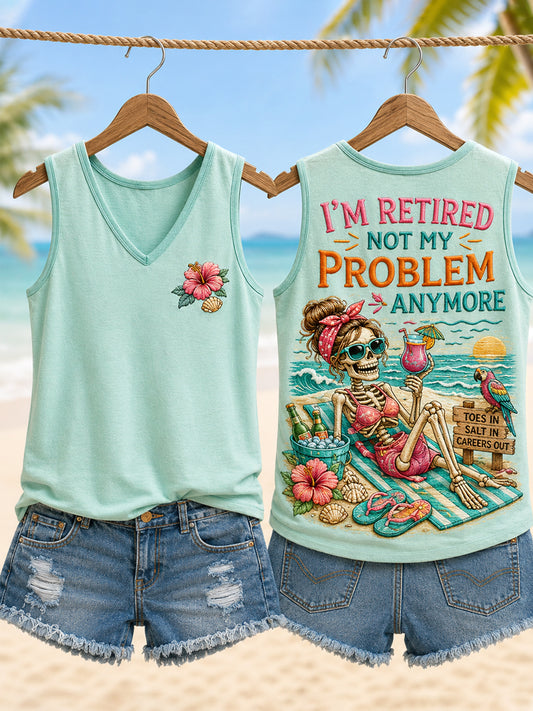 Women's Funny I'm Retired Not My Problem Anymore Skeleton Print Casual Vest