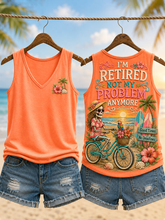Women's Funny I'm Retired Not My Problem Anymore Skeleton Print Casual Vest