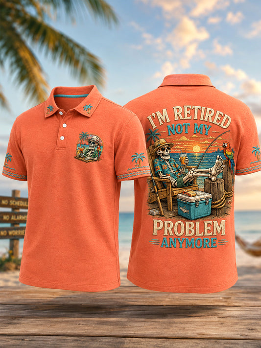 Men's Funny I'm Retired Not My Problem Anymore Skeleton Print Casual Polo