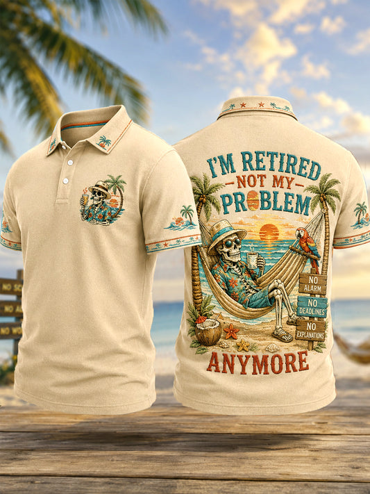 Men's Funny I'm Retired Not My Problem Anymore Skeleton Print Casual Polo