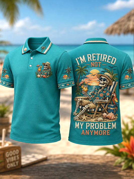 Men's Funny I'm Retired Not My Problem Anymore Skeleton Print Casual Polo