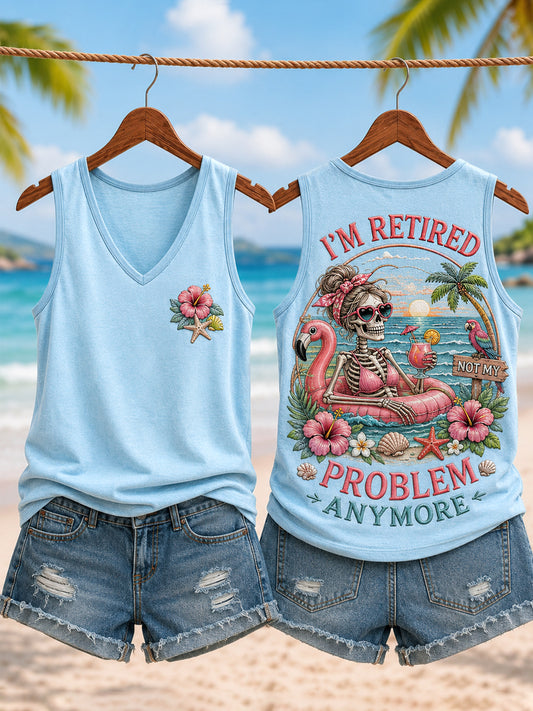 Women's Funny I'm Retired Not My Problem Anymore Skeleton Print Casual Tank Top