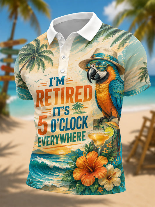 Men's I'm Retired It's 5 O'clock Everywhere Parrot Print Casual Polo