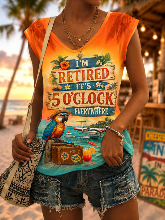 Women's I'm Retired It's 5 O'clock Everywhere Parrot Print Casual V-Neck Vest