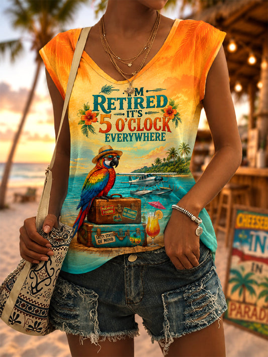 Women's  I'm Retired It's 5 O'clock Everywhere Parrot Print Casual V-Neck Vest