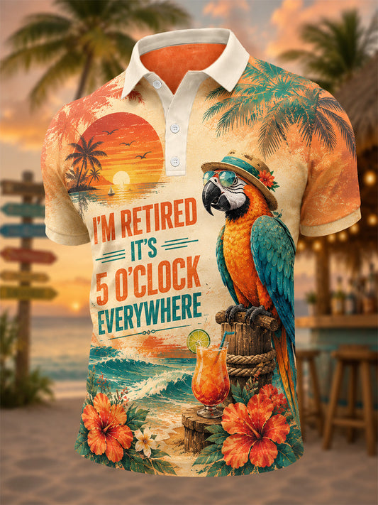 Men's I'm Retired It's 5 O'clock Everywhere Parrot Print Casual Polo