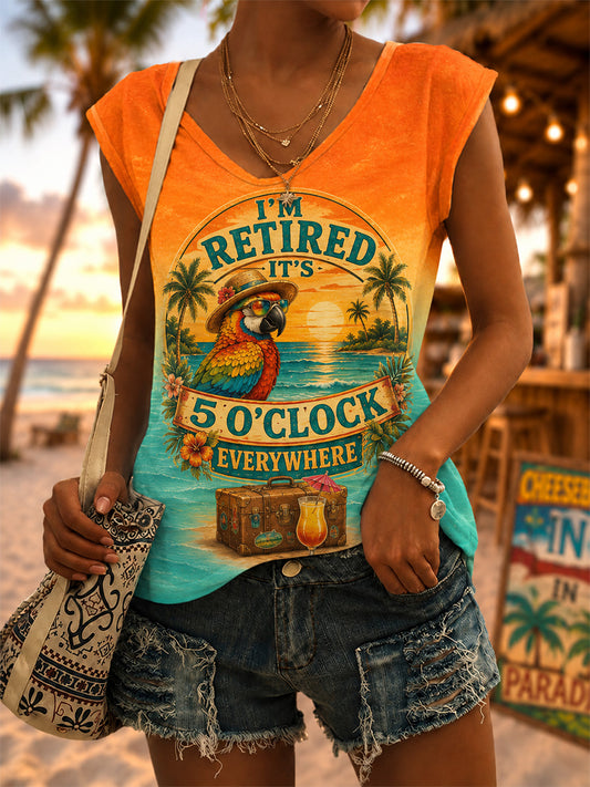 Women's I'm Retired It's 5 O'clock Everywhere Parrot Print Casual V-Neck Vest