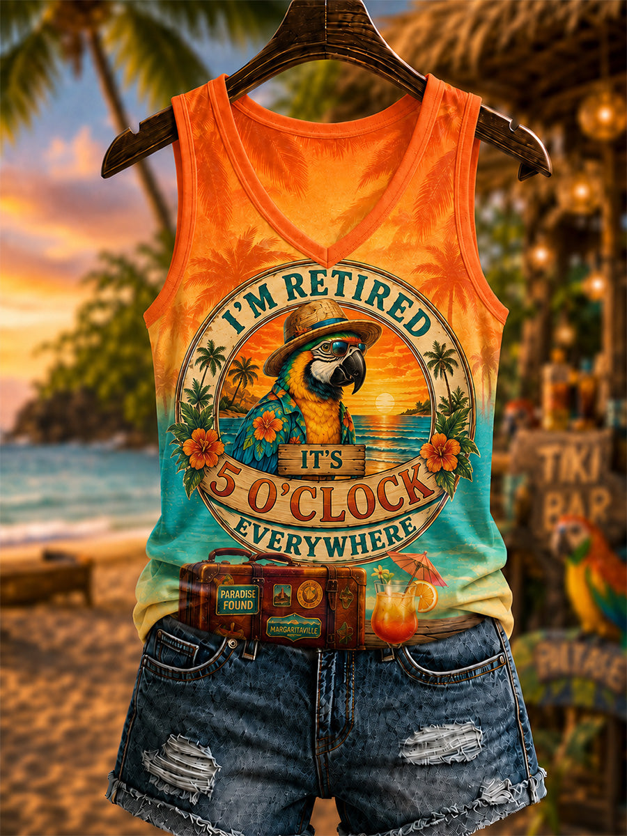 Women's I'm Retired It's 5 O'clock Everywhere Parrot Print Casual V-Neck Vest
