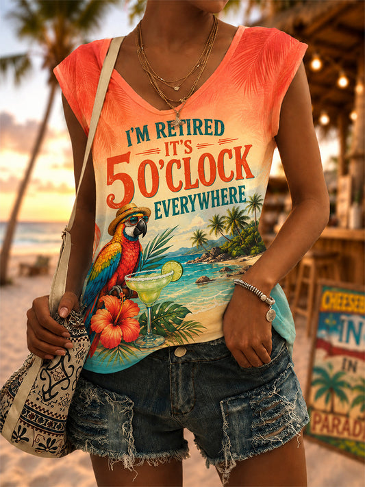 Women's I'm Retired It's 5 O'clock Everywhere Parrot Print Casual V-Neck Vest