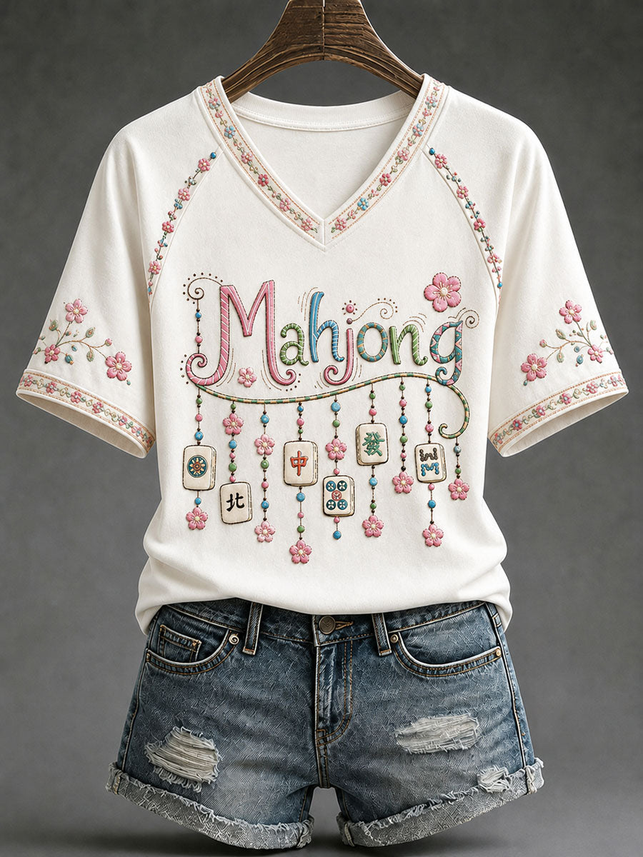 Women's Mahjong Print Casual T-Shirt
