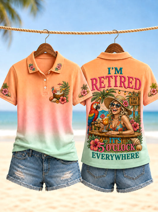 Women's I'm Retired It's 5 O'clock Everywhere Parrot Print Casual Polo Shirt