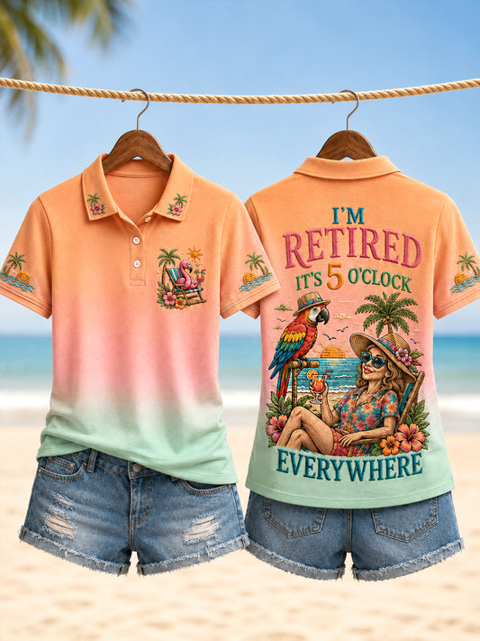 Women's I'm Retired It's 5 O'clock Everywhere Parrot Print Casual Polo Shirt