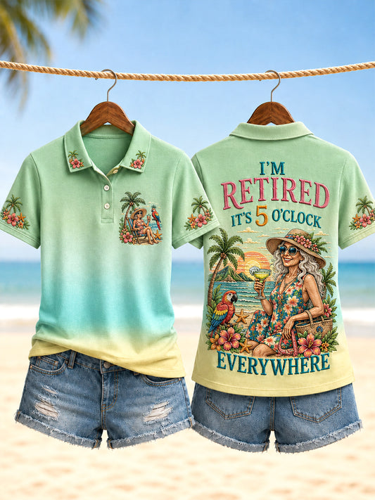 Women's I'm Retired It's 5 O'clock Everywhere Parrot Print Casual Polo Shirt