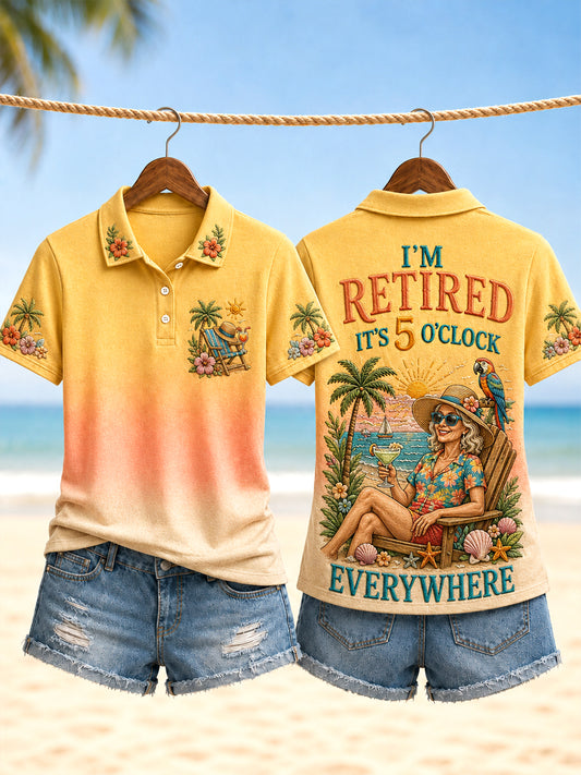 Women's I'm Retired It's 5 O'clock Everywhere Parrot Print Casual Polo Shirt