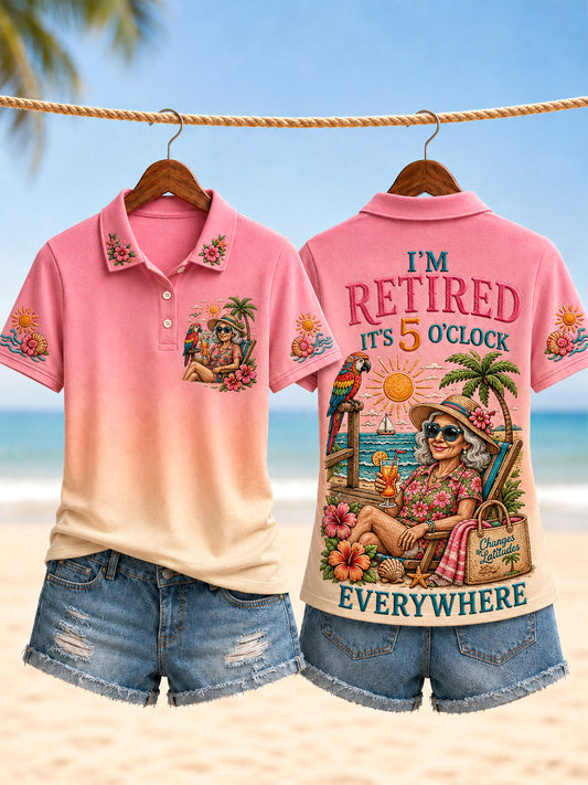 Women's I'm Retired It's 5 O'clock Everywhere Parrot Print Casual Polo Shirt
