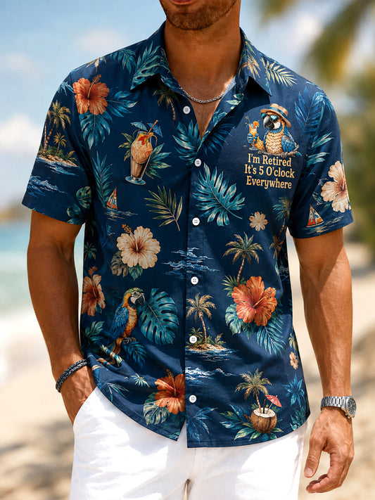 Men's I'm Retired It's 5 O'clock Everywhere Parrot Print Casual Short Sleeve Shirt