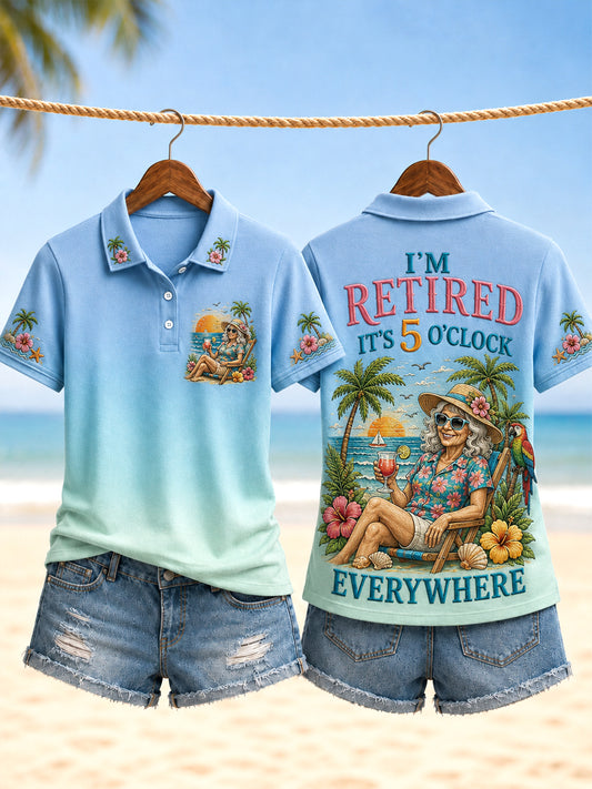 Women's I'm Retired It's 5 O'clock Everywhere Parrot Print Casual Polo Shirt