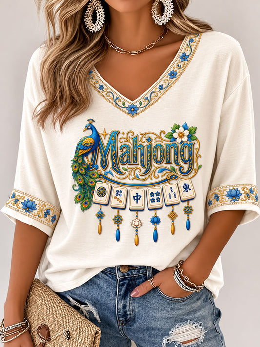 Women's Funny Mahjong Print Casual T-Shirt